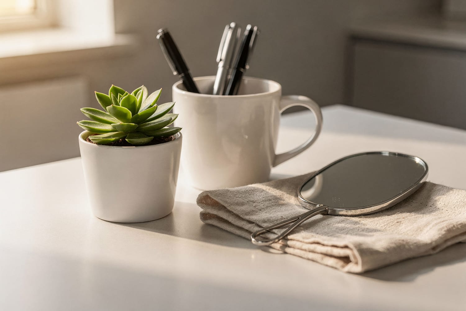 A warm, unhurried detail of the Cedarwood front desk — a succulent, a mug, a hand mirror on linen